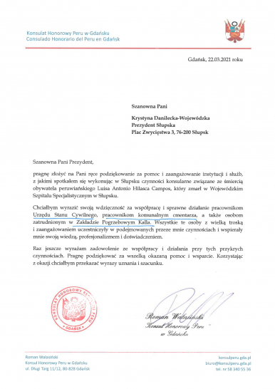 Na zdjęciu widzimy list od Konsula Honorowego Peru w Gdańsku dziękującego Miastu Słupsk, Urzędowi Stanu Cywilnego, pracownikom cmentarza komunalnego i Zakładowi Pogrzebowemu Kalla za pomoc.